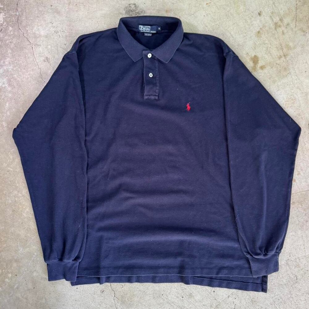 Vintage Polo Ralph Lauren Polo Shirt Mens XL Navy Long Sleeve Cotton red Pony